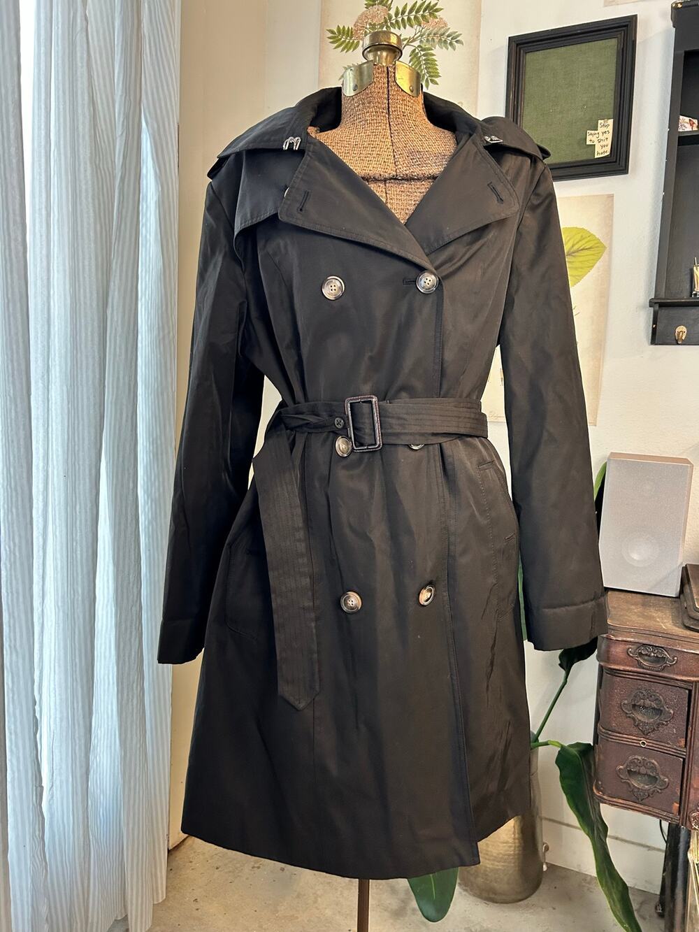 London Fog Womens Black Double Breasted Trench Coat Removable Hood Belted XL